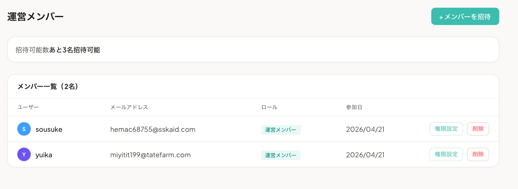 メンバー管理ページ
